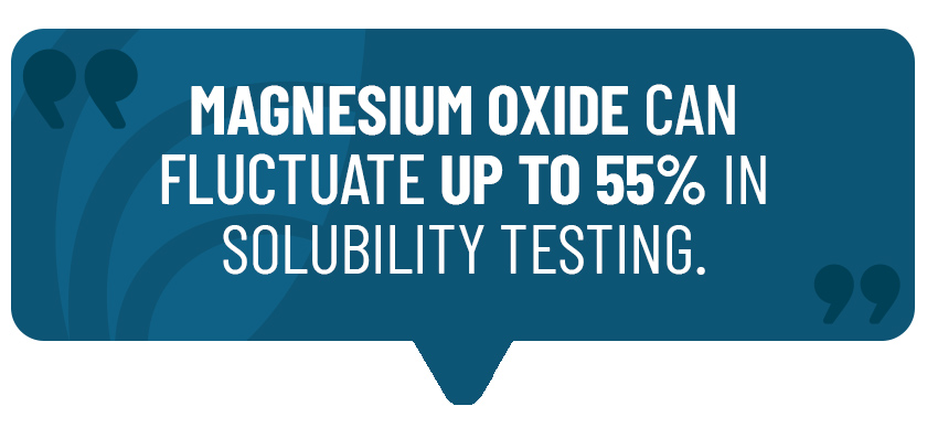 Magnesium Oxide can fluctuate up to 55 percent in solubility testing